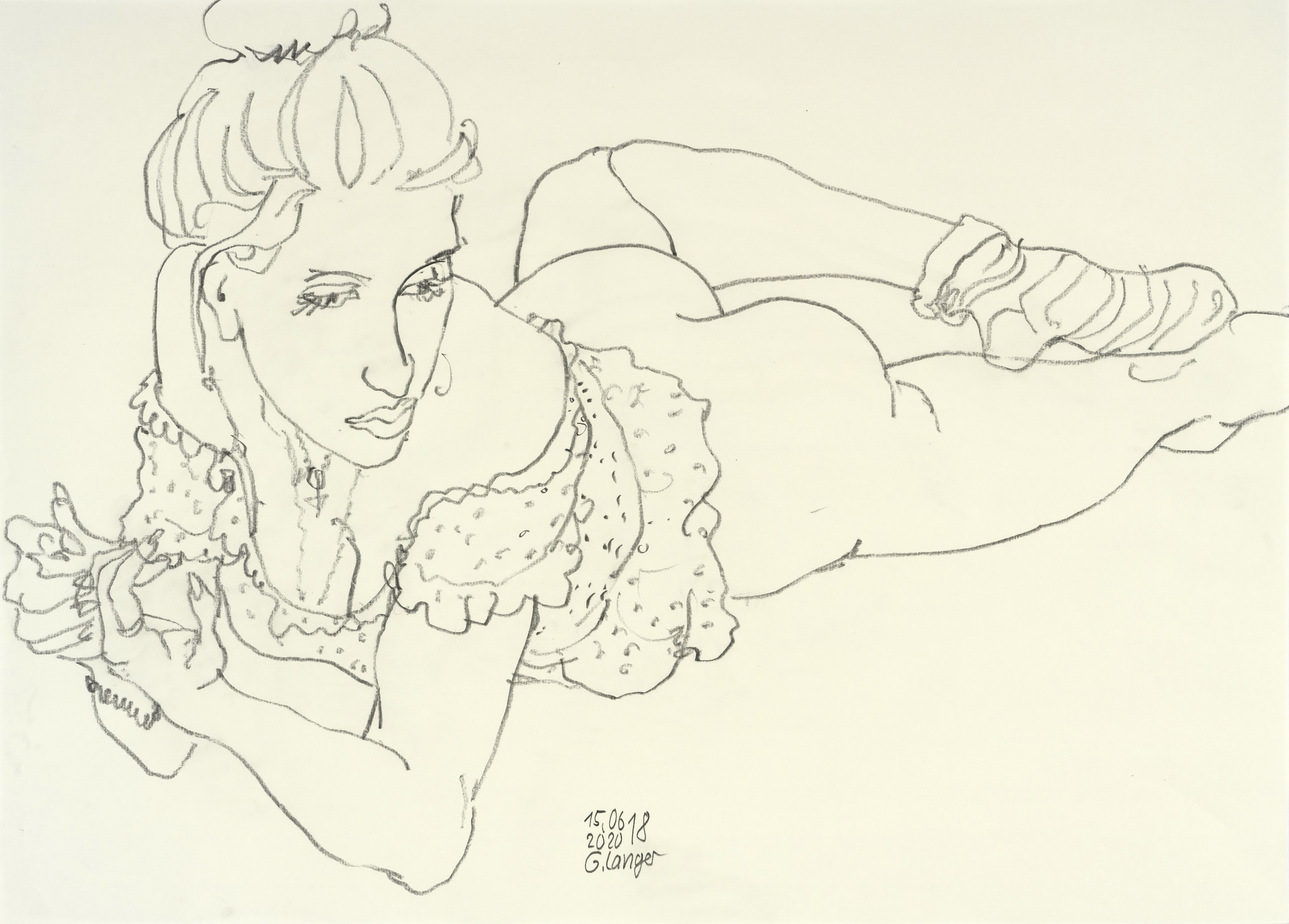 Gunter Langer, Liegendes halb bekleidetes Mädchen, 2020, Zeichnung, Zeichenpapier, 50 x 70 cm